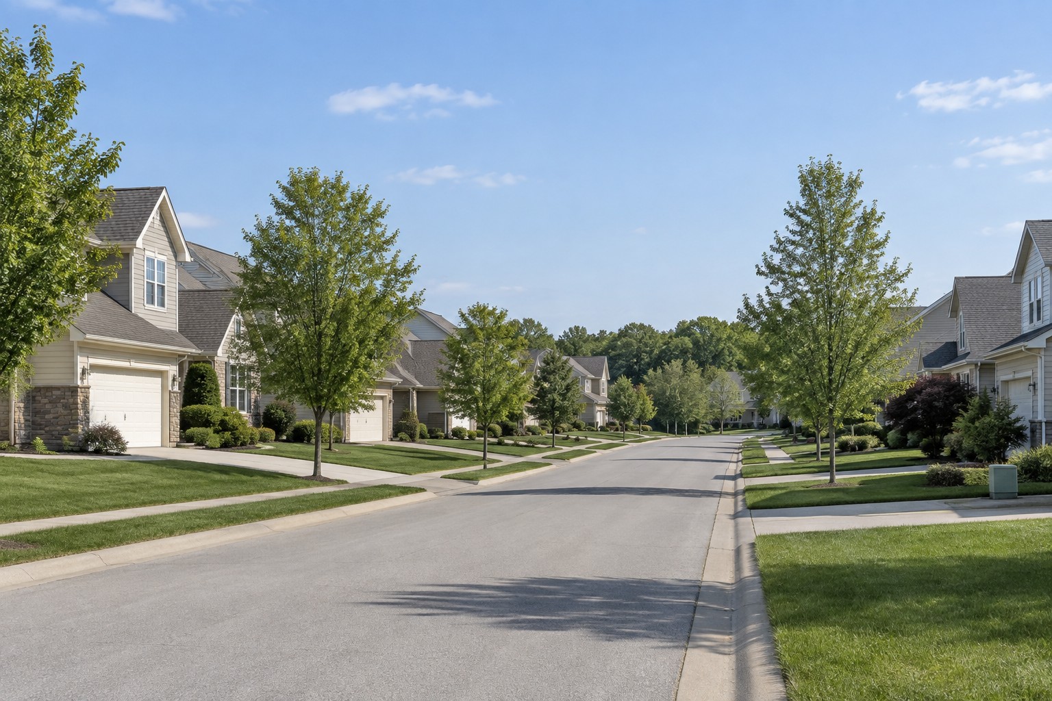 A quiet residential Parkville Missouri street, illustrative