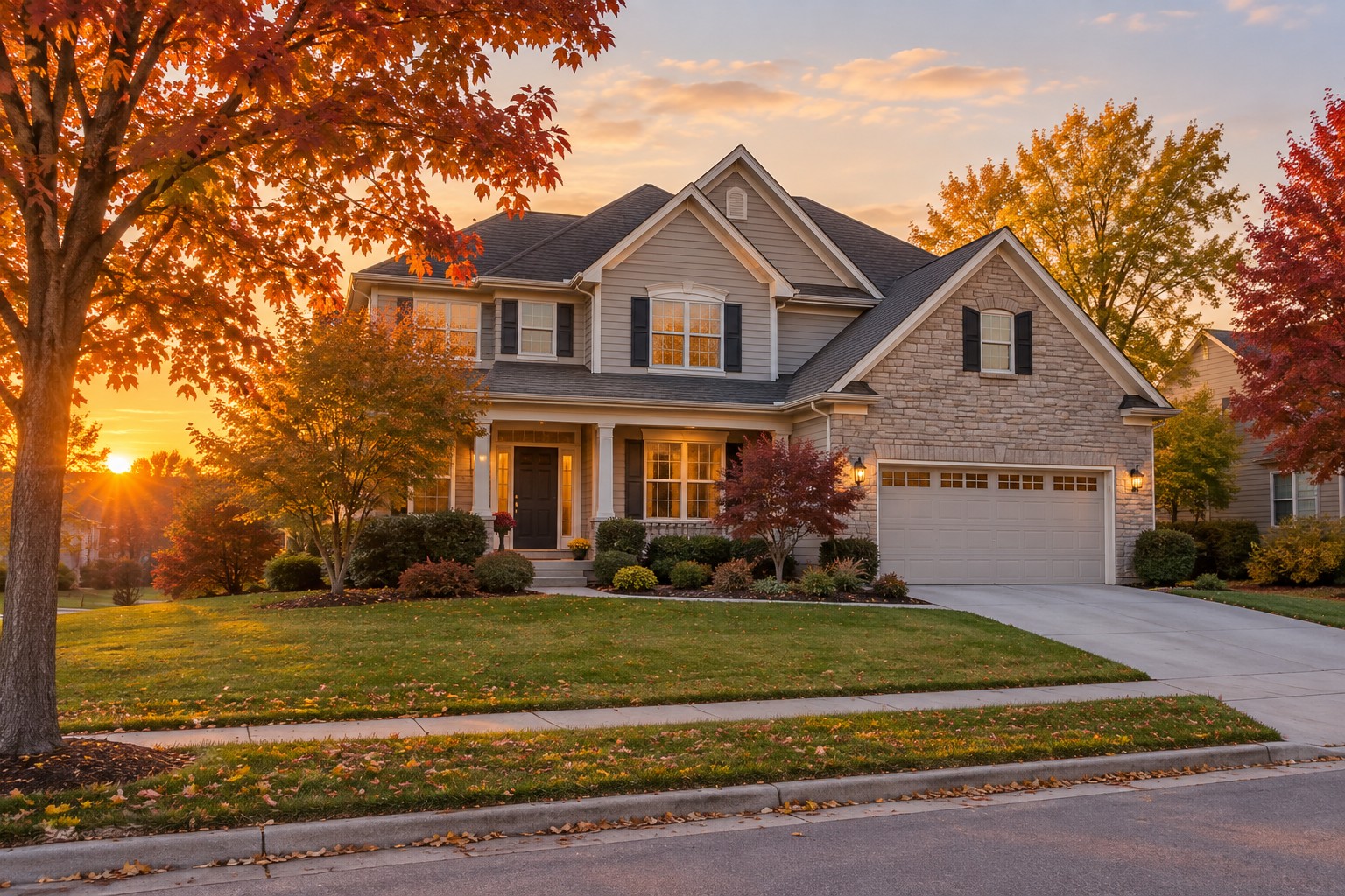 A Parkville Missouri neighborhood street at golden hour, illustrative