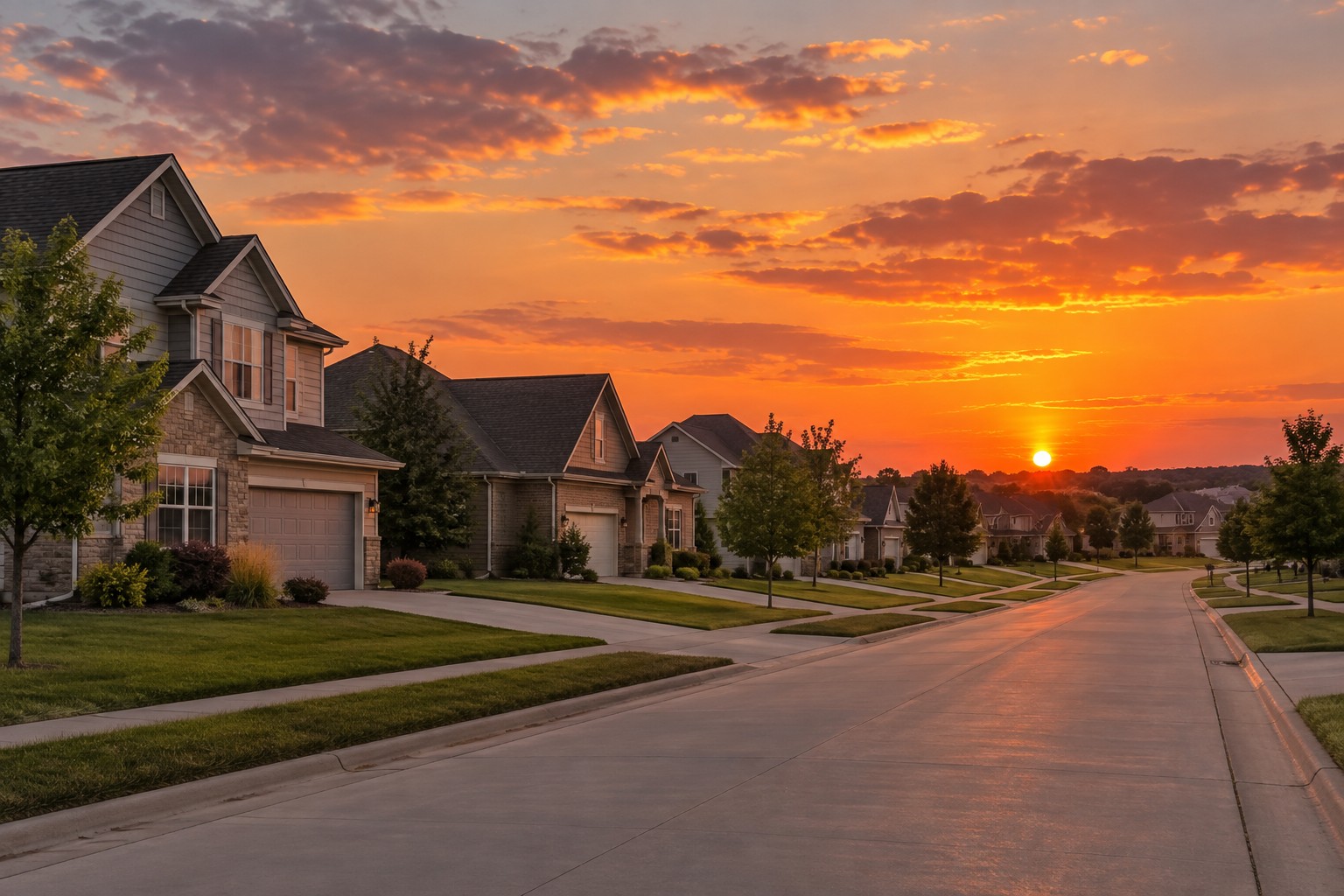 A residential Kansas City metro street at sunset, illustrative