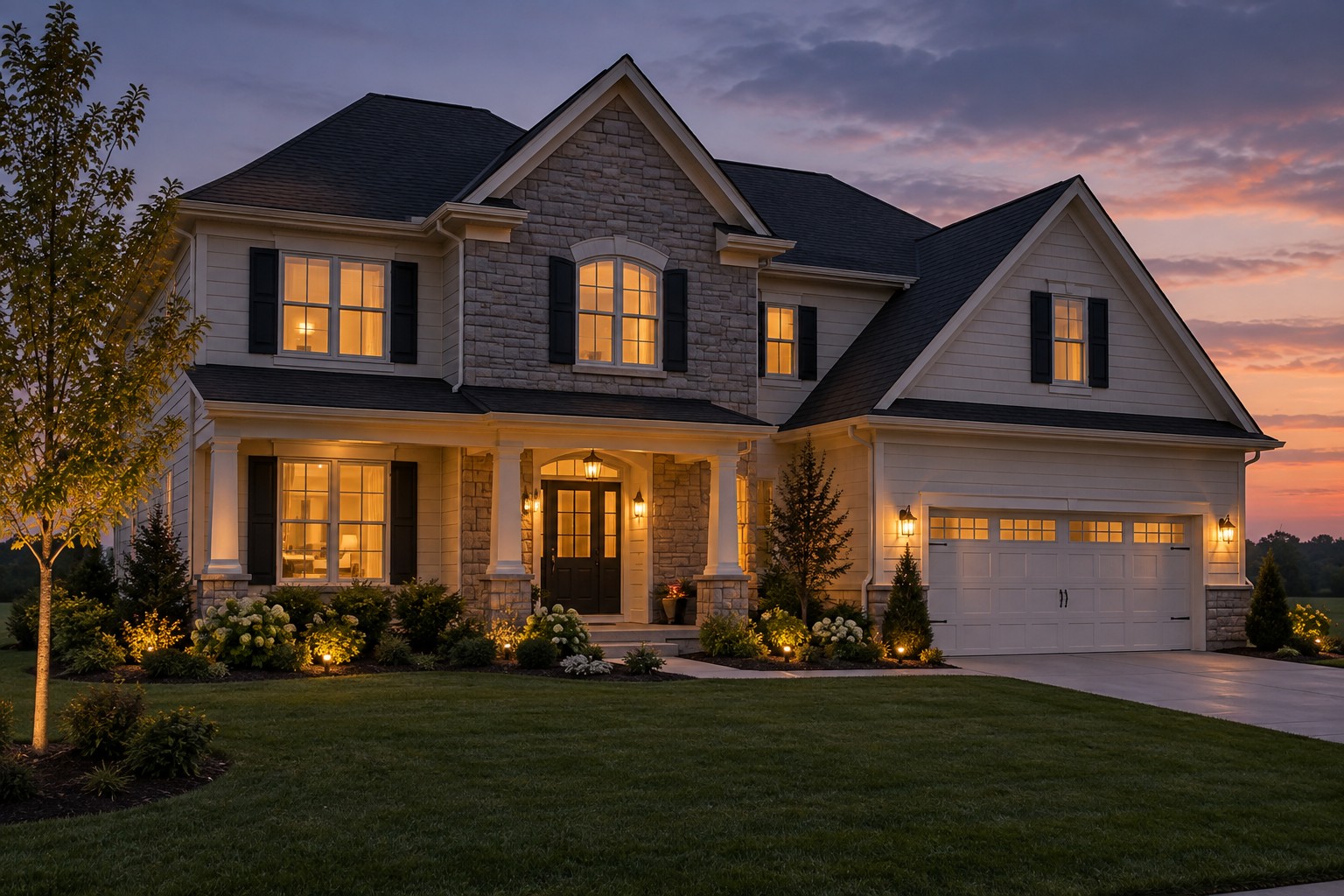 A Kansas City area home exterior at dusk, illustrative