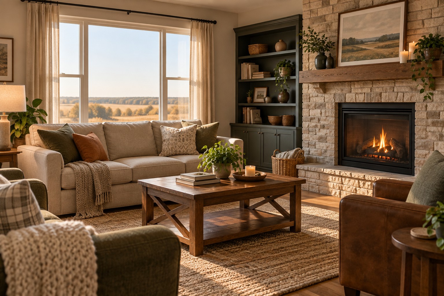 A cozy Kansas City area living room, illustrative